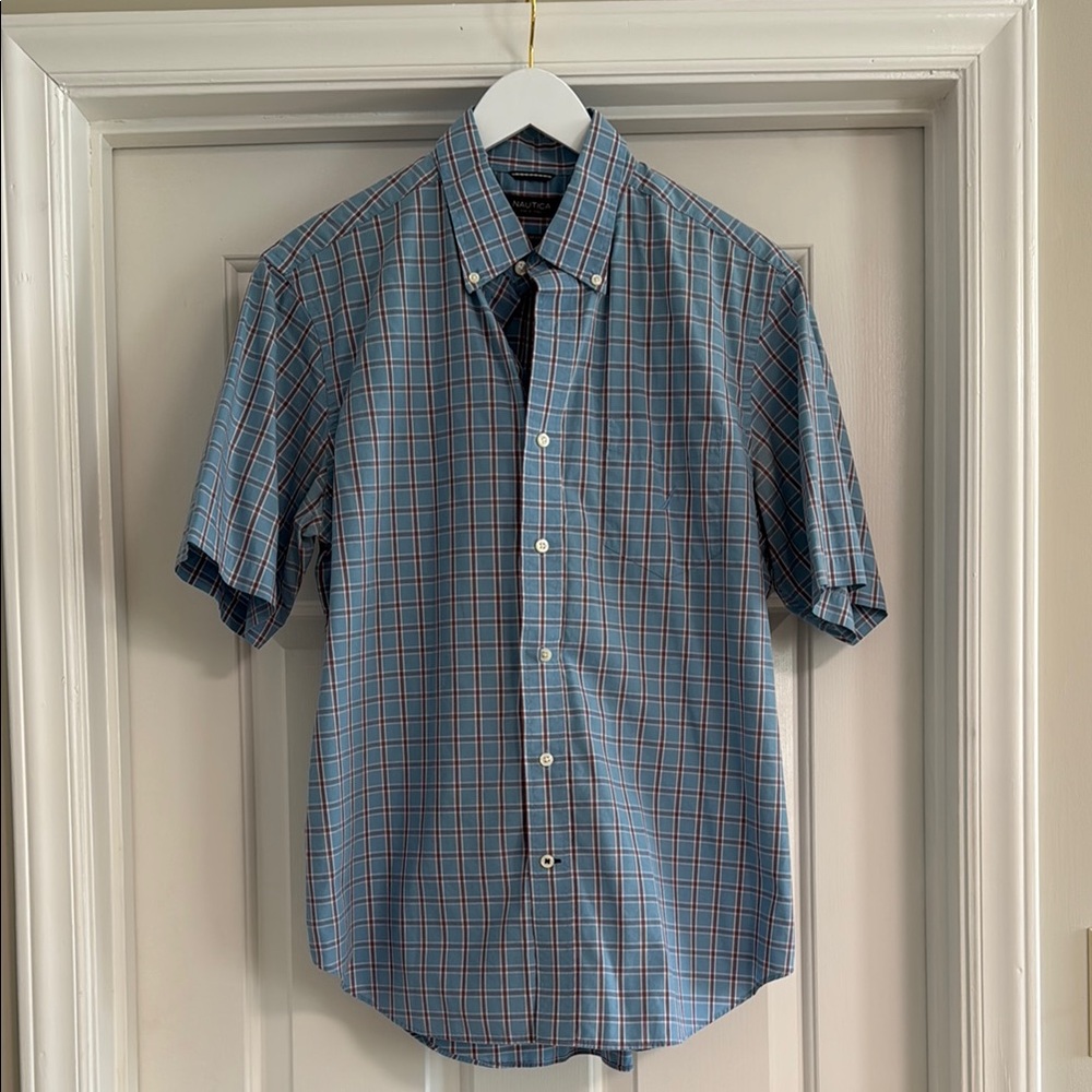 Nautica Men's Blue and Red Plaid Button Down Shirt